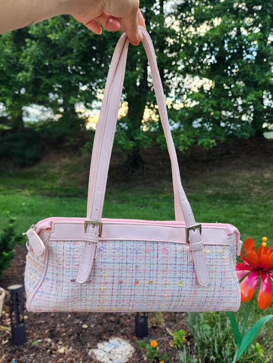 None Handbags - "Cher" Pink Tweed Bauget Shoulder Bag